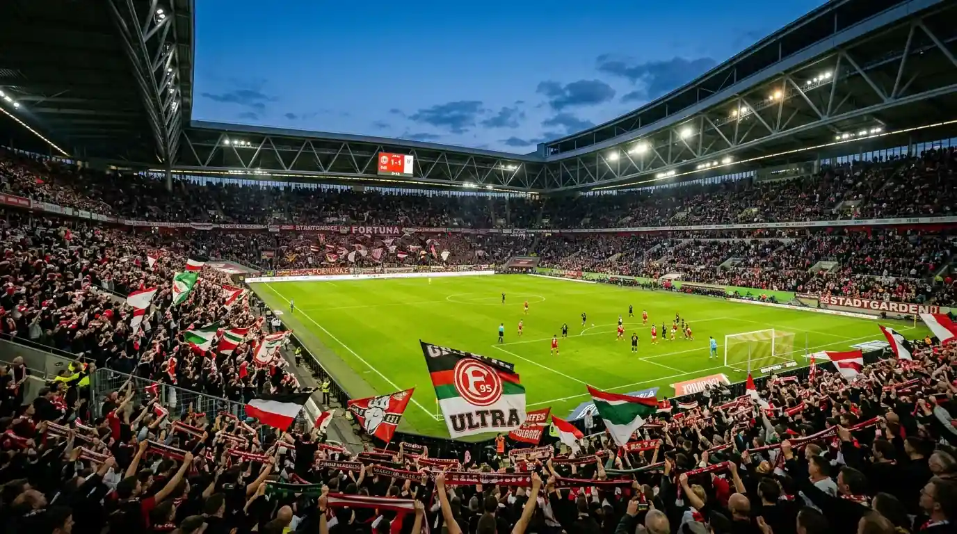 Stadion van de 2. Bundesliga met volle tribunes tijdens een avondwedstrijd