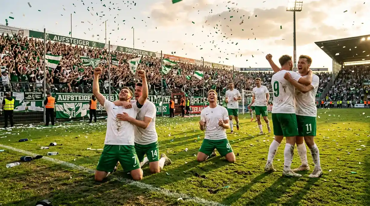 Spelers van een 2. Bundesliga-club vieren promotie op het veld na de laatste wedstrijd